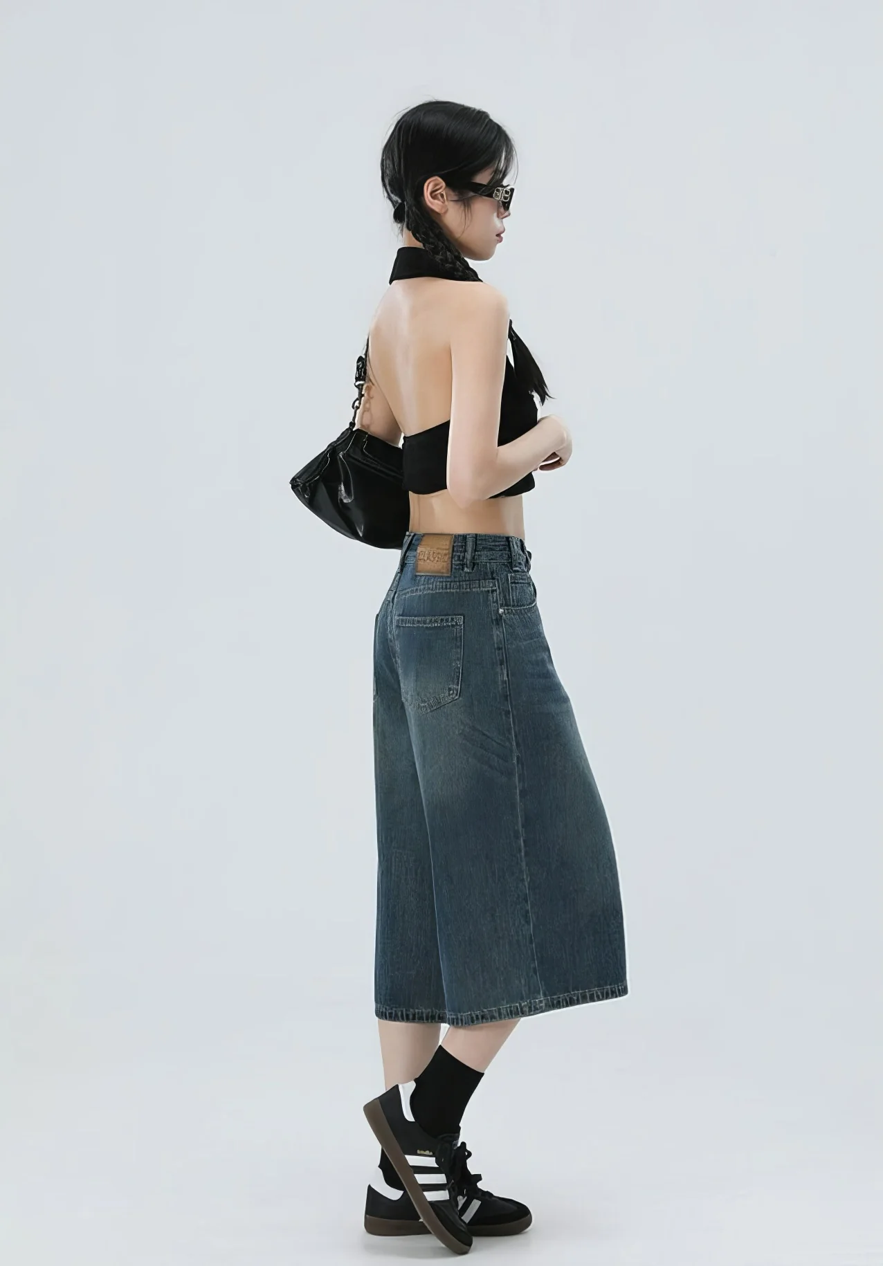 Denim Culotte Capri Shorts with Back Pocket Detail - Image 4