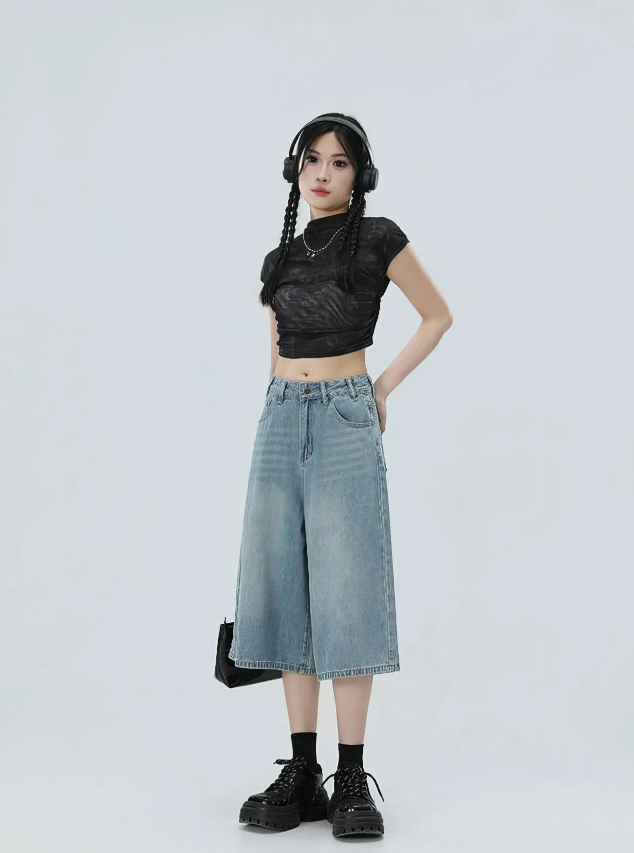 Denim Culotte Capri Shorts with Back Pocket Detail - Image 6
