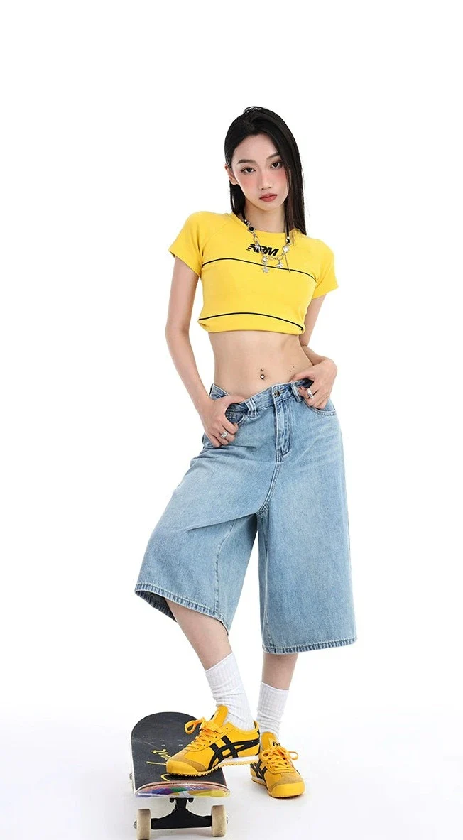 Denim Wide-Leg Culotte Capri Flare Shorts - Image 10