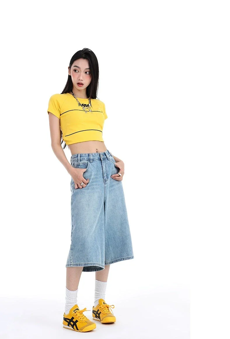 Denim Wide-Leg Culotte Capri Flare Shorts - Image 11