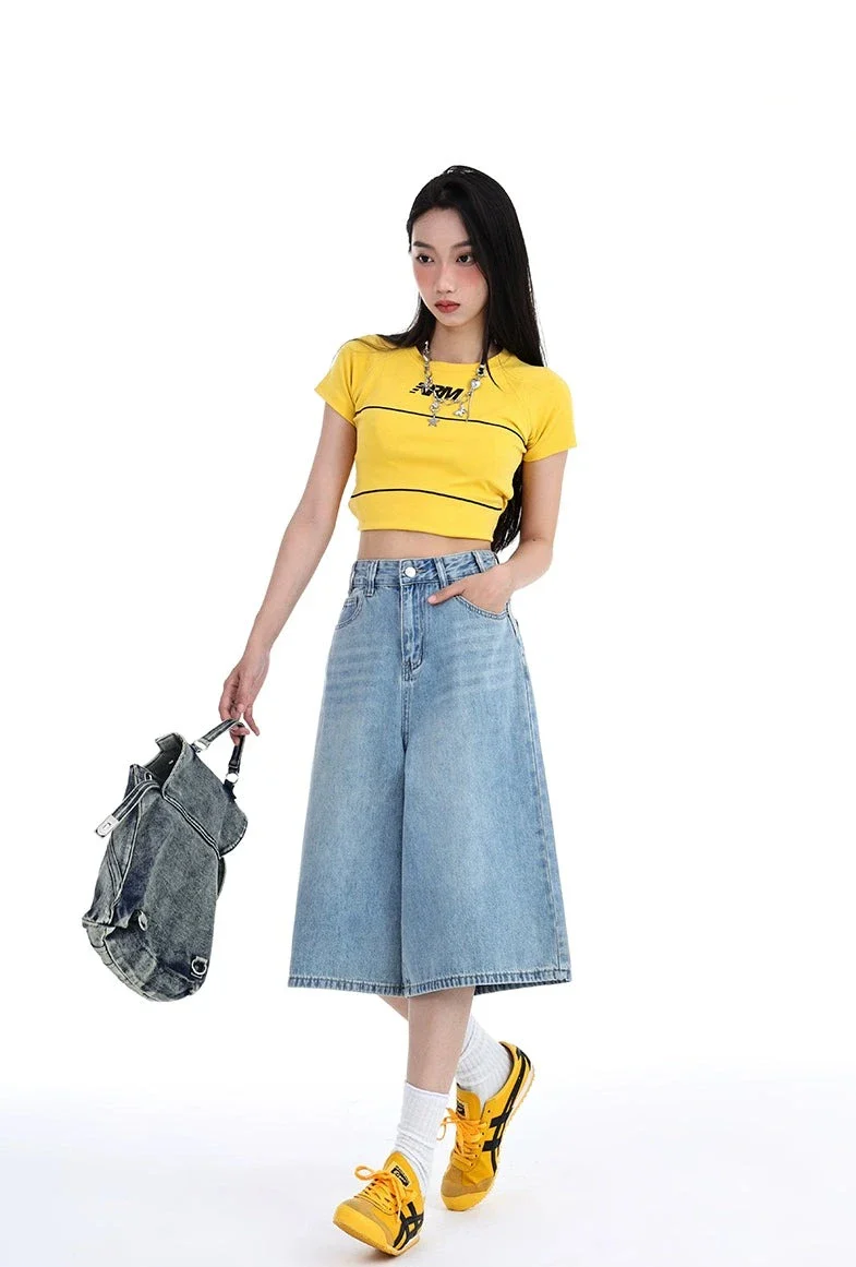 Denim Wide-Leg Culotte Capri Flare Shorts - Image 12