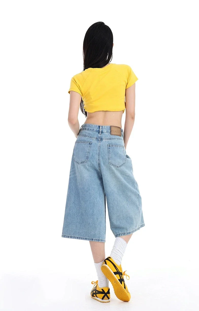 Denim Wide-Leg Culotte Capri Flare Shorts - Image 14