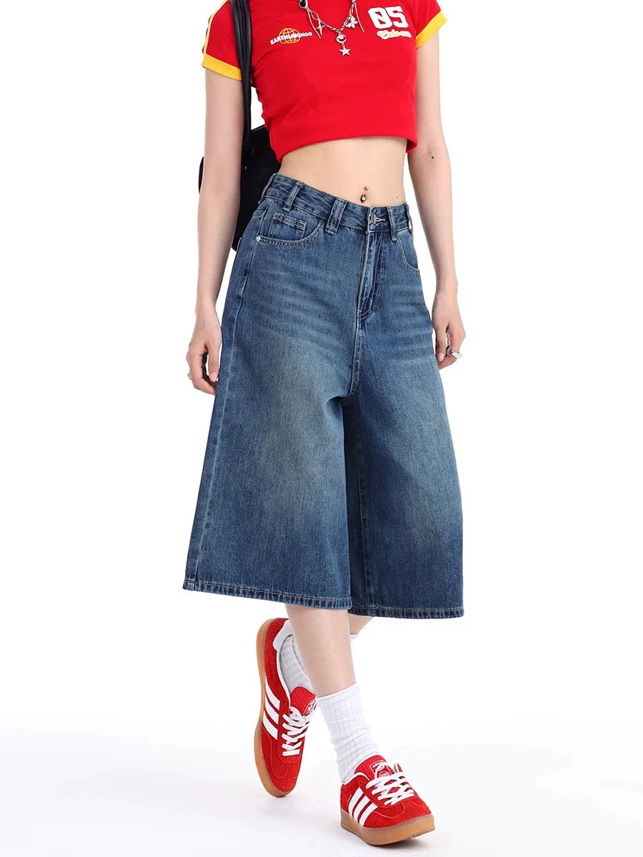 Denim Wide-Leg Culotte Capri Flare Shorts - Image 3