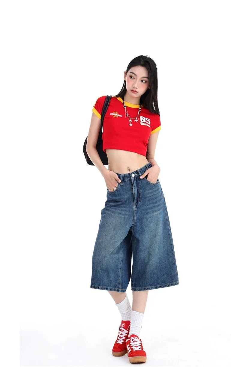 Denim Wide-Leg Culotte Capri Flare Shorts - Image 6