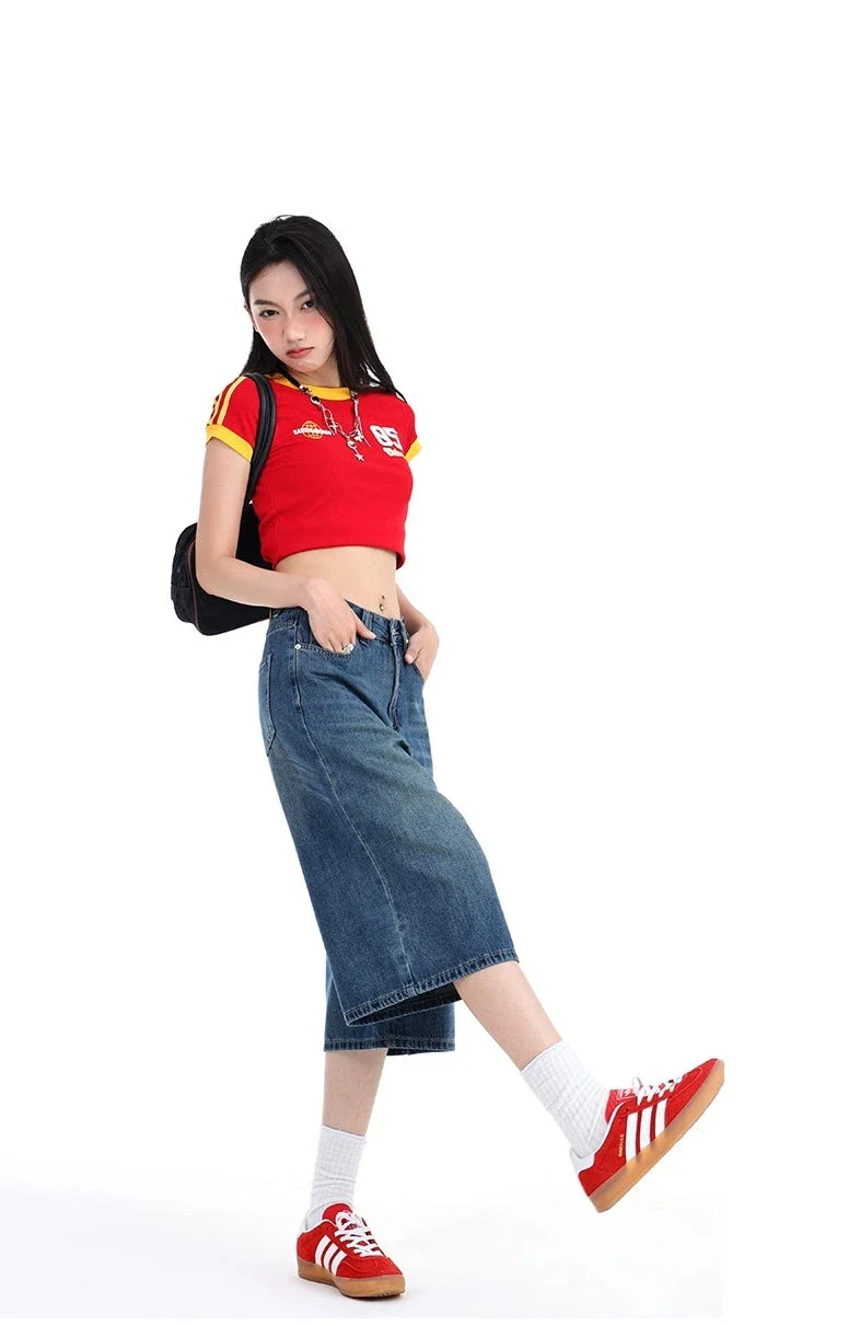 Denim Wide-Leg Culotte Capri Flare Shorts - Image 7