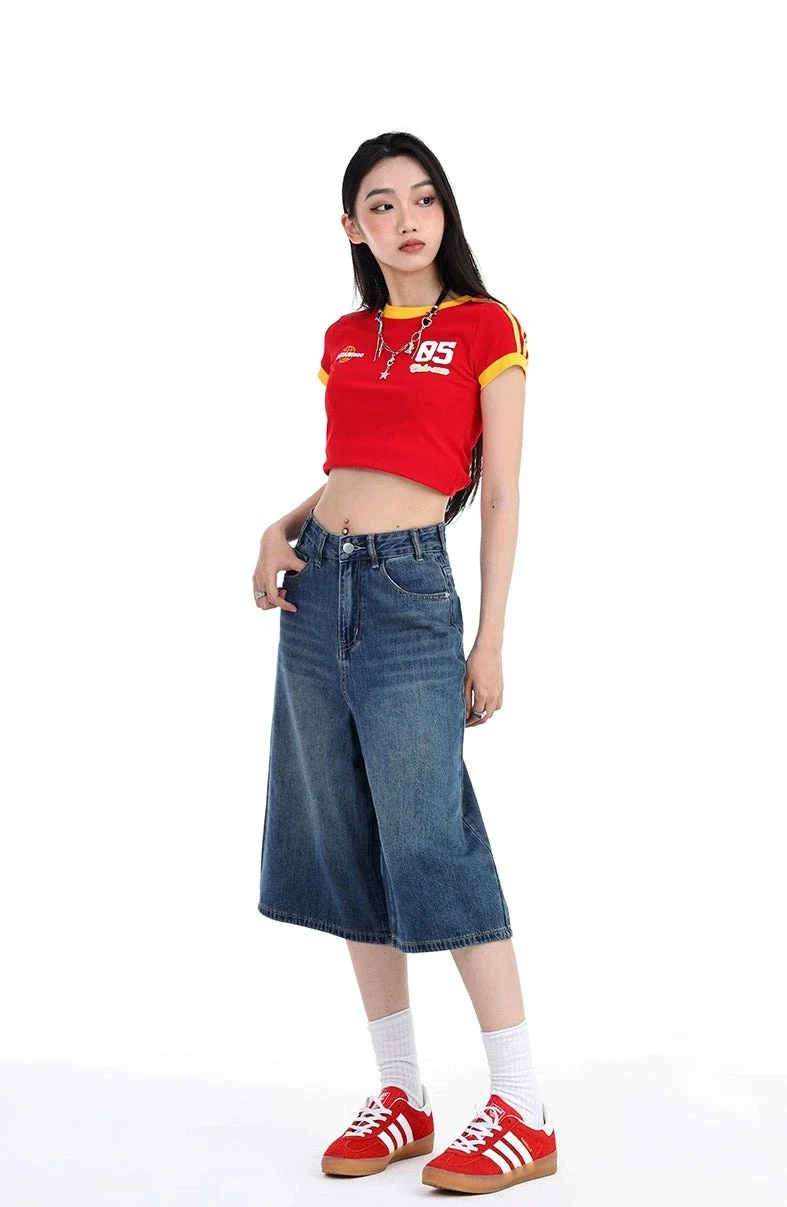 Denim Wide-Leg Culotte Capri Flare Shorts - Image 8