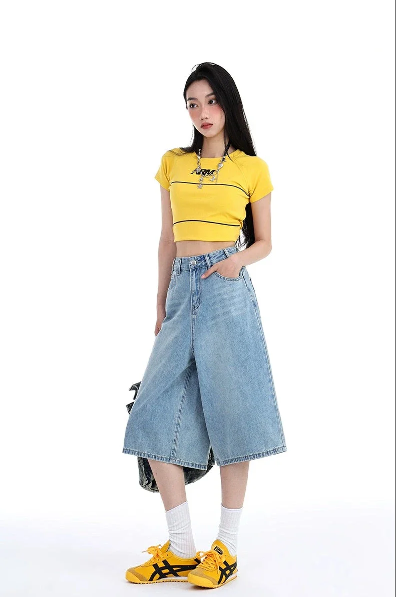 Denim Wide-Leg Culotte Capri Flare Shorts - Image 9