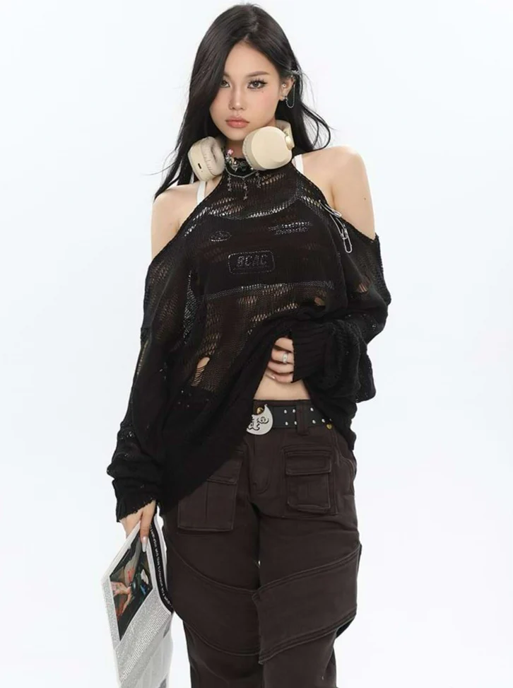 Distressed Cold Shoulder Pullover Knit Top - Image 13