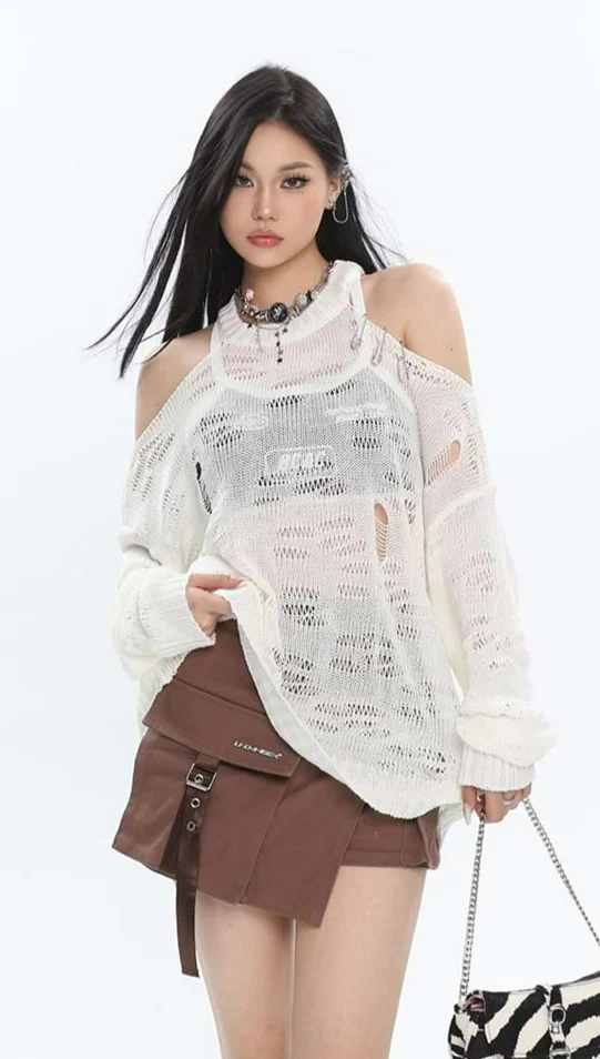 Distressed Cold Shoulder Pullover Knit Top - Image 2