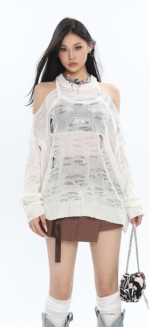 Distressed Cold Shoulder Pullover Knit Top - Image 6