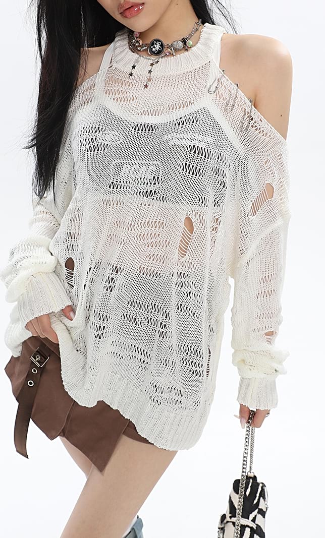 Distressed Cold Shoulder Pullover Knit Top - Image 8