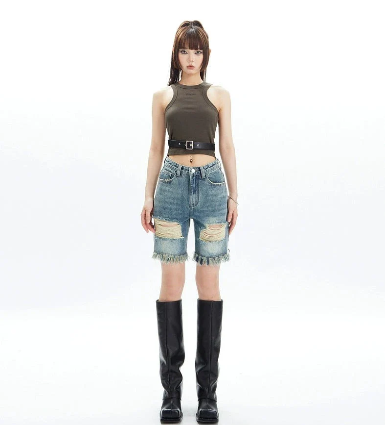 Distressed Denim Bermuda Shorts with Frayed Hem - Image 10