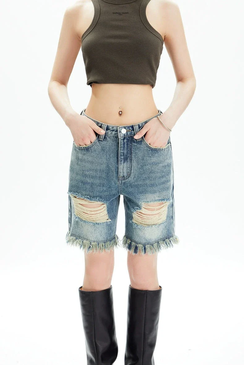 Distressed Denim Bermuda Shorts with Frayed Hem - Image 2