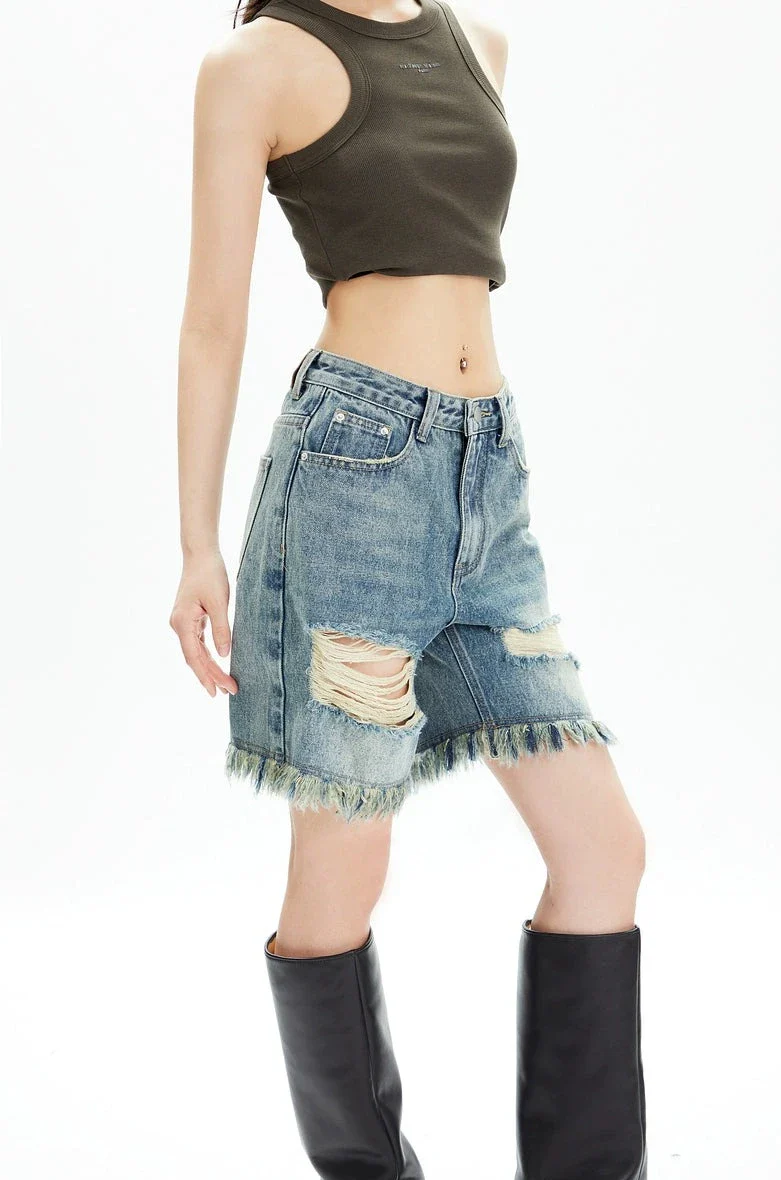 Distressed Denim Bermuda Shorts with Frayed Hem - Image 4