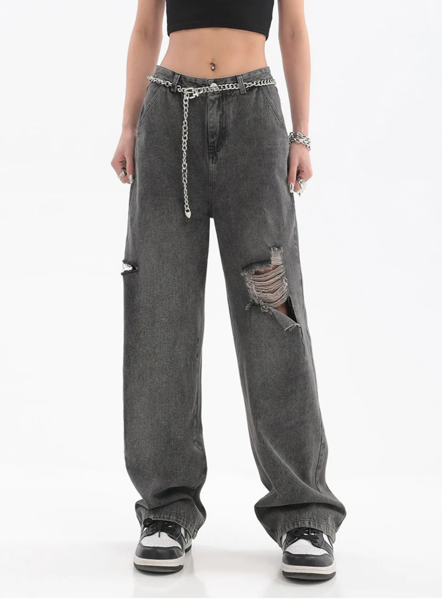 Distressed Faded Jeans with Chain Belt - Image 5