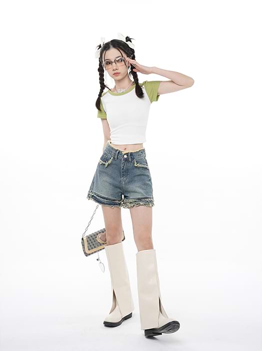 Distressed Hem Denim Shorts - Image 6