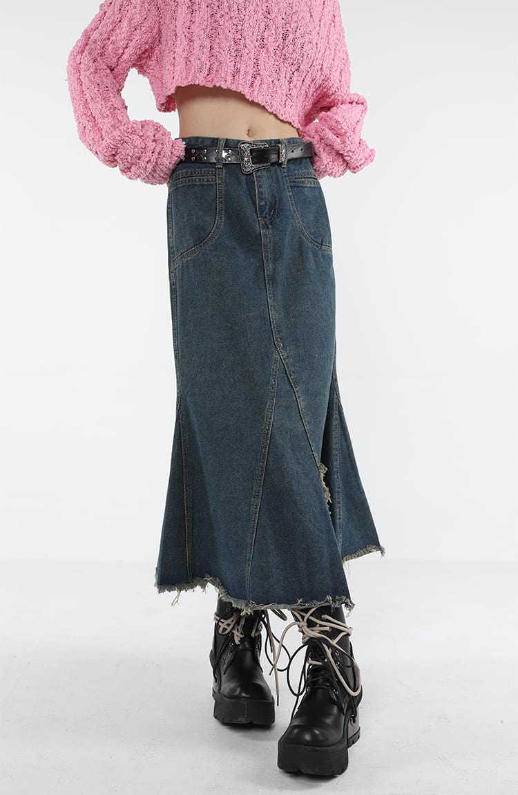 Distressed Hem Fishtail Denim Midi Skirt - Image 3