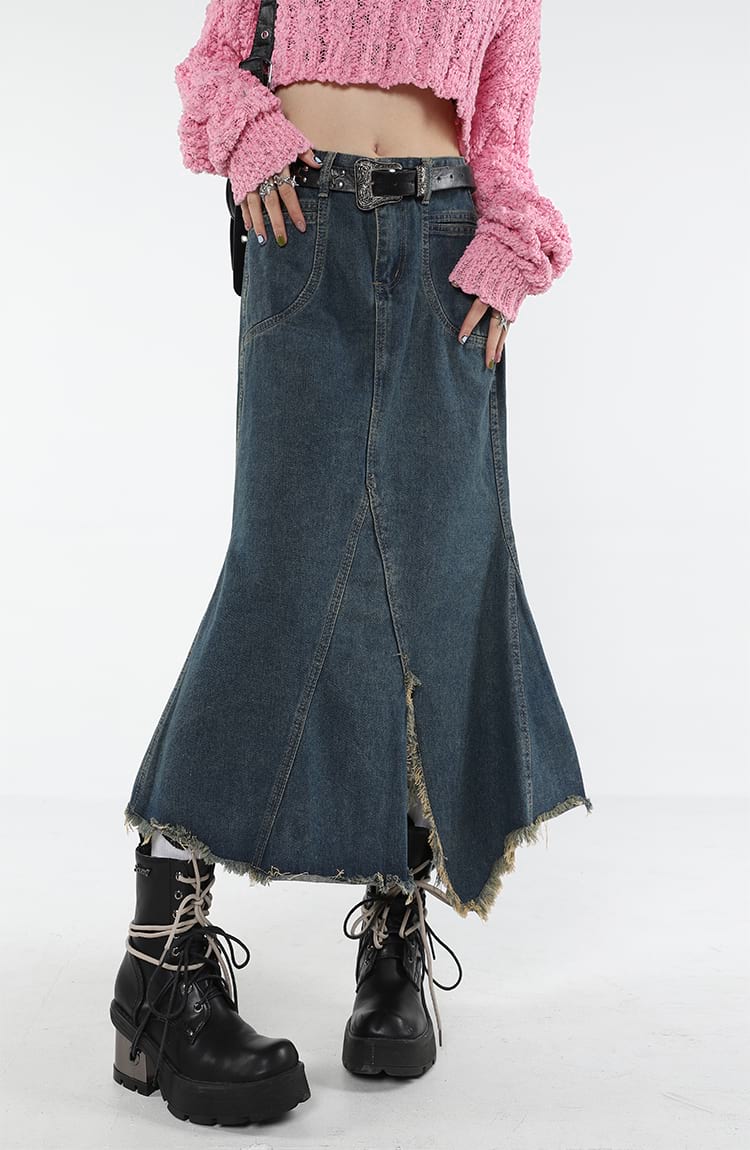 Distressed Hem Fishtail Denim Midi Skirt - Image 7