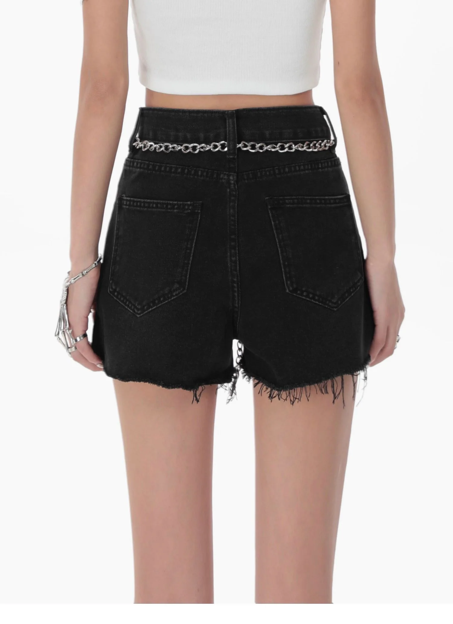Distressed Hem Shorts with Chain Belt - Image 3