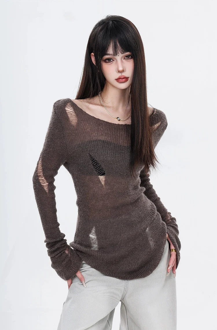 Distressed Hollow-Out Long Sleeve Knit Top - Image 4