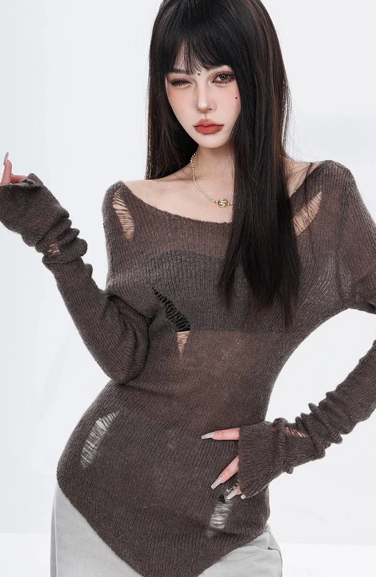 Distressed Hollow-Out Long Sleeve Knit Top - Image 6