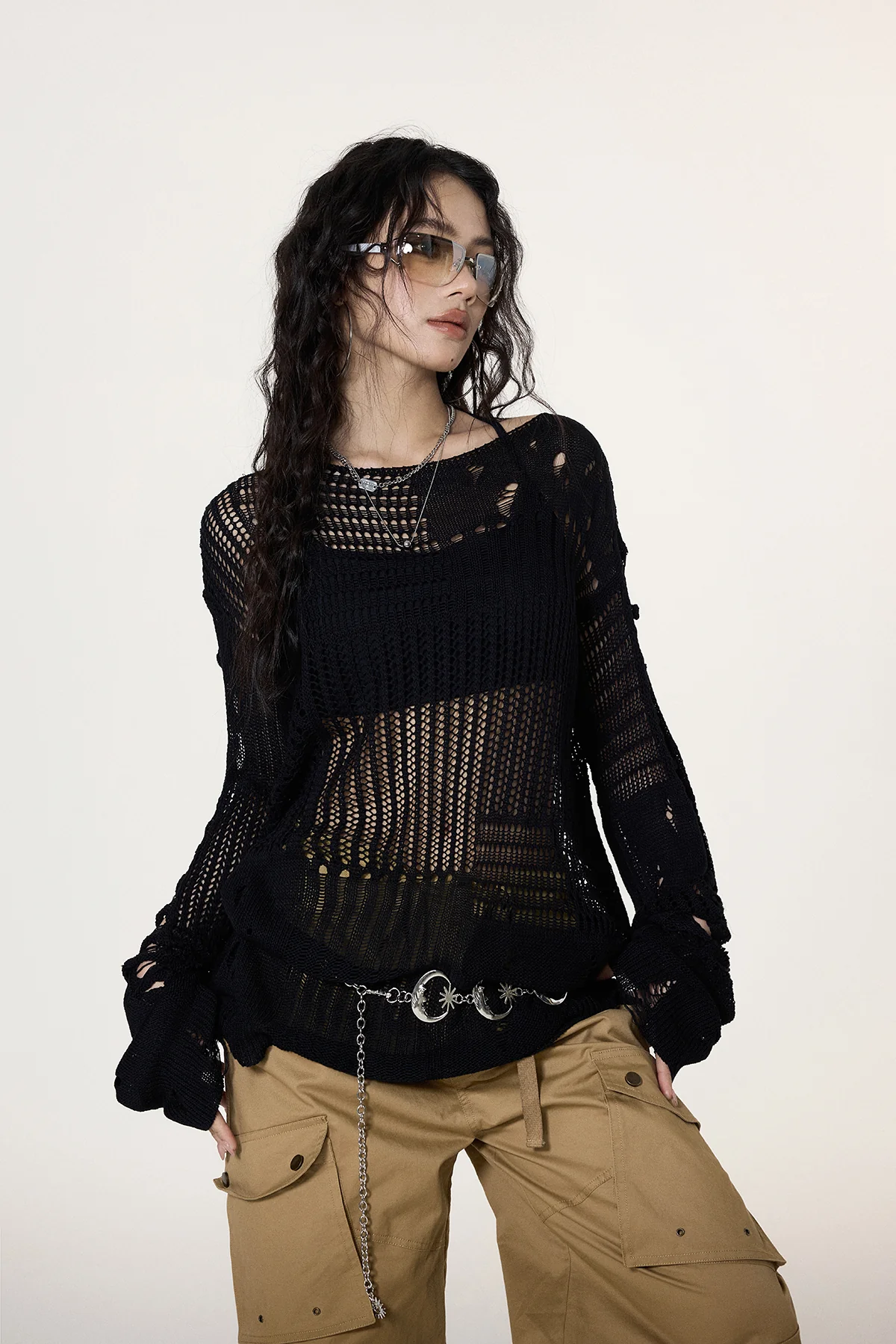 Distressed Open Knit Cropped Sweater - Image 2