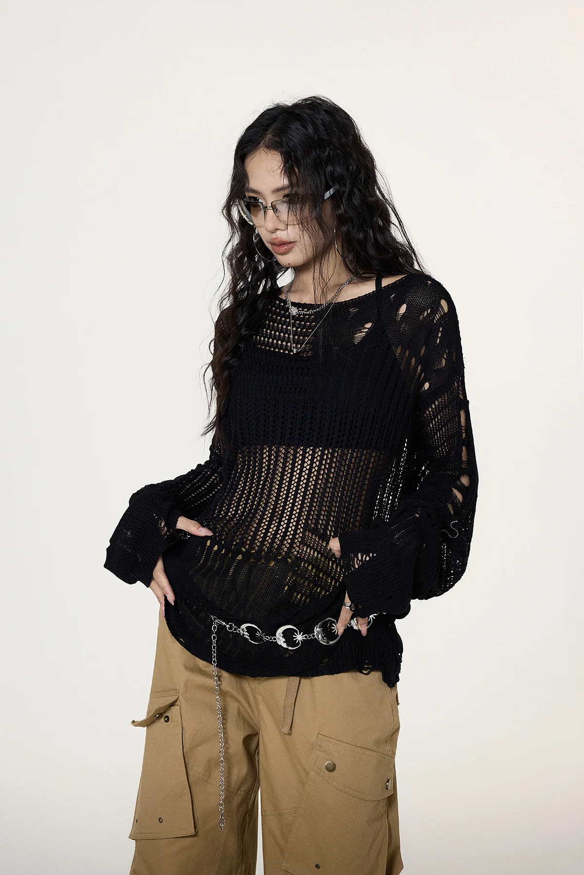 Distressed Open Knit Cropped Sweater - Image 5