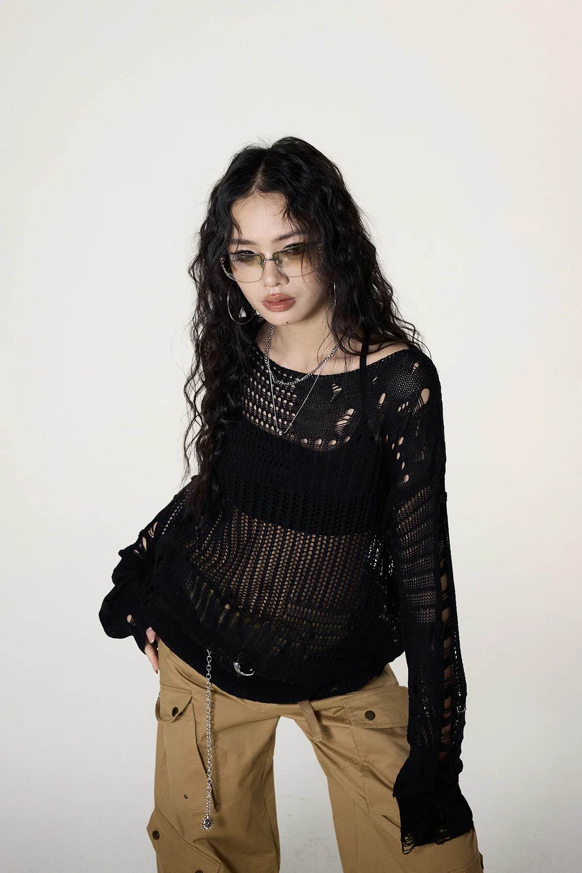Distressed Open Knit Cropped Sweater - Image 6