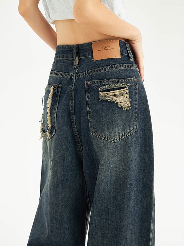 Distressed Pocket Wide Leg Jeans - Image 4