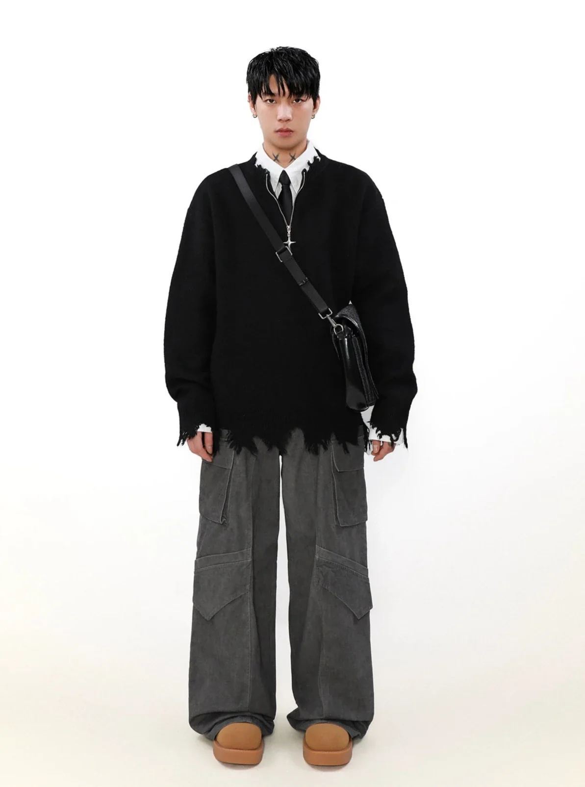 Distressed Ribbed Hem Half Cross Zip Fuzzy Sweater - Image 11