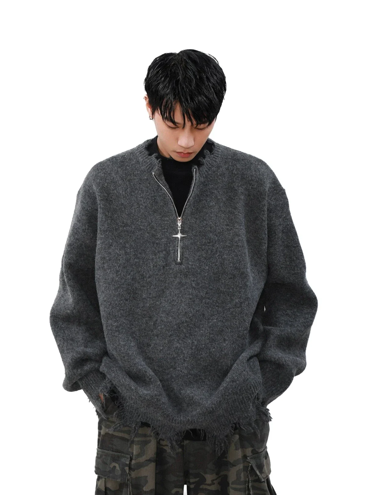 Distressed Ribbed Hem Half Cross Zip Fuzzy Sweater - Image 3