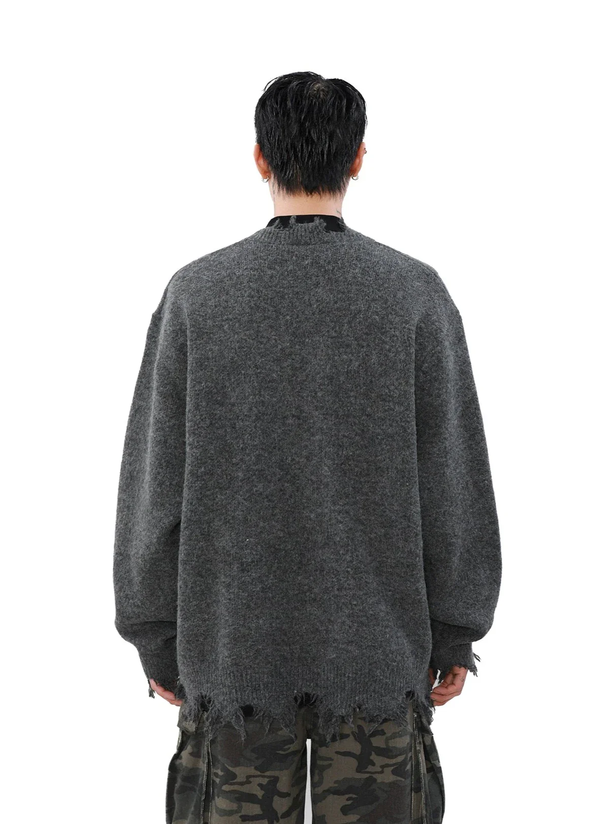 Distressed Ribbed Hem Half Cross Zip Fuzzy Sweater - Image 5