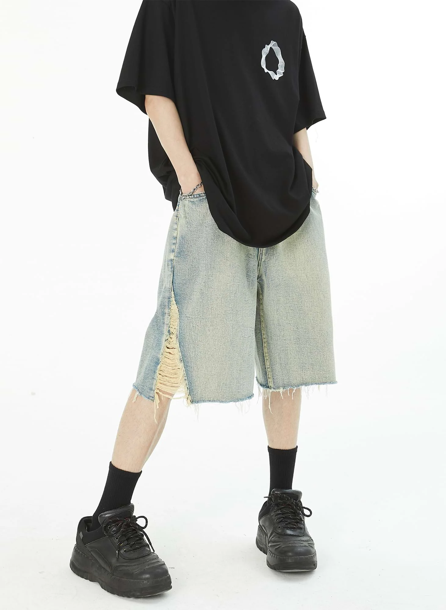 Distressed Side Denim Shorts - Image 2
