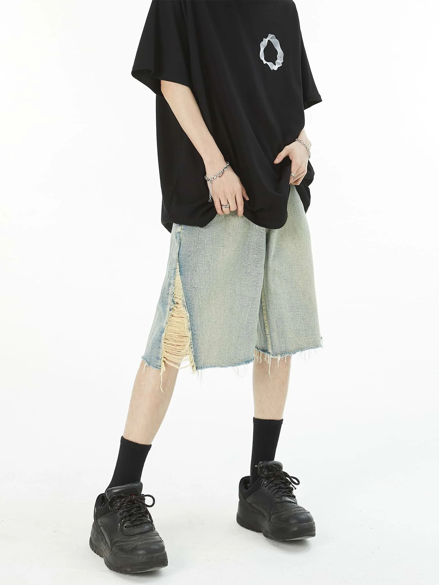 Distressed Side Denim Shorts - Image 3