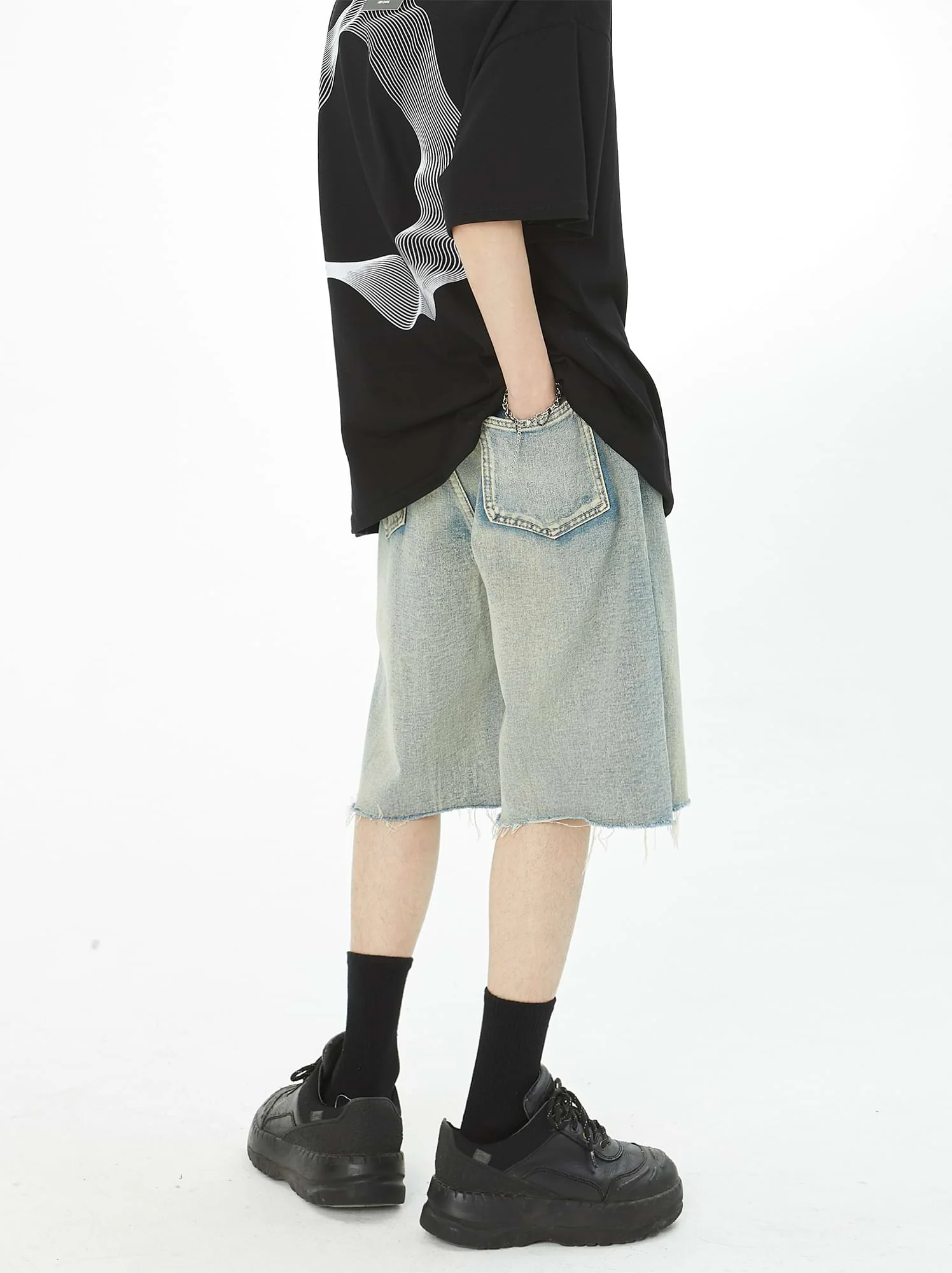 Distressed Side Denim Shorts - Image 4