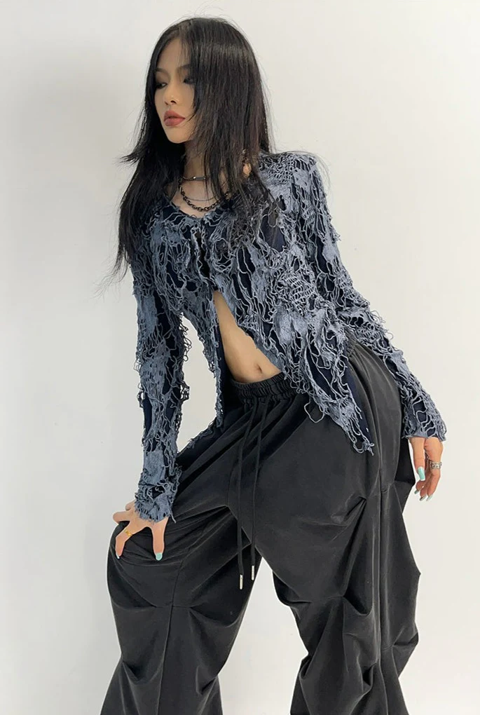 Distressed Split Hem Long Sleeve Top - Image 6