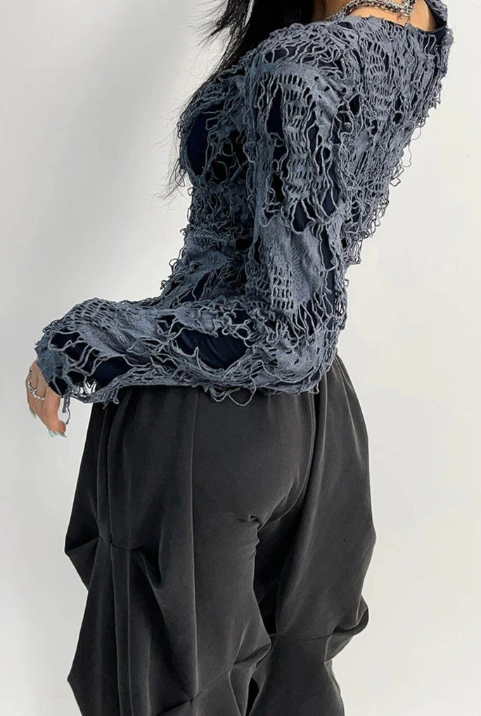 Distressed Split Hem Long Sleeve Top - Image 8