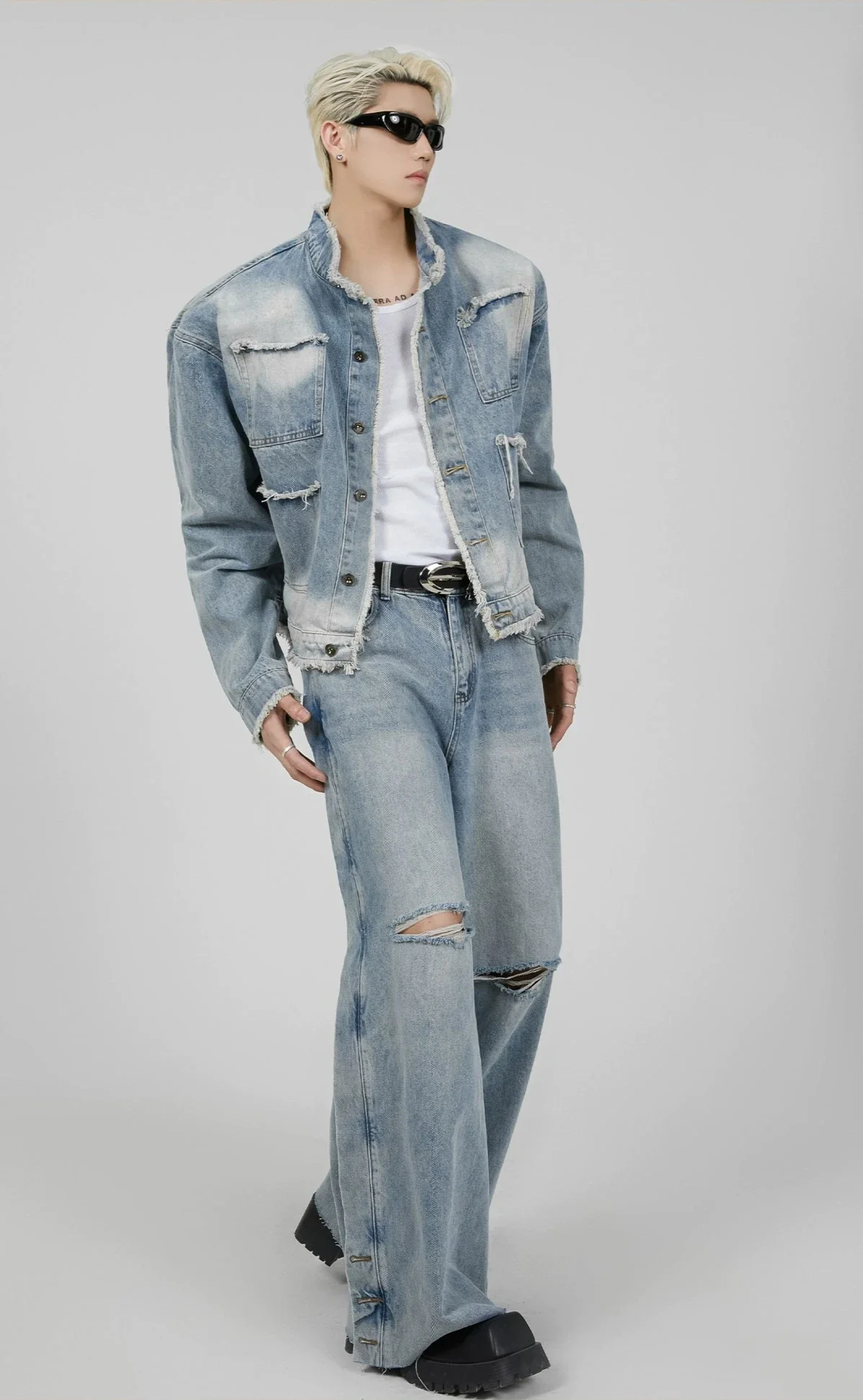 Distressed Spot-Faded Denim Jacket and Wide-Leg Jeans Set - Image 5