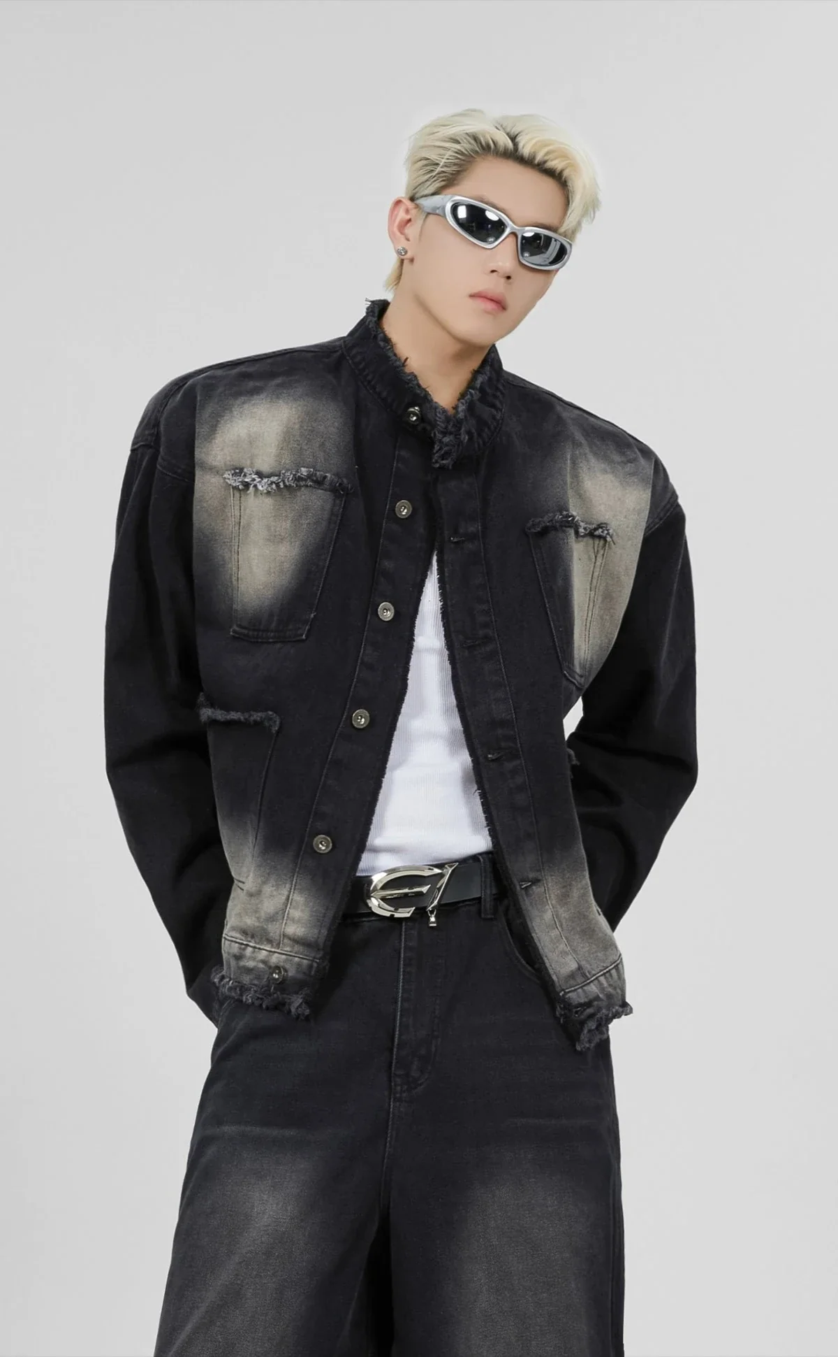 Distressed Spot-Faded Denim Jacket and Wide-Leg Jeans Set - Image 6