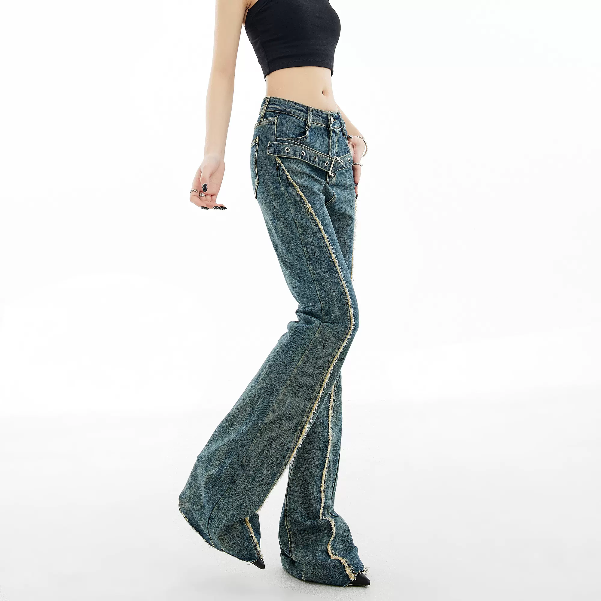 Distressed Stitch Flare Denim Jeans with Metallic Detail Belt - Image 12