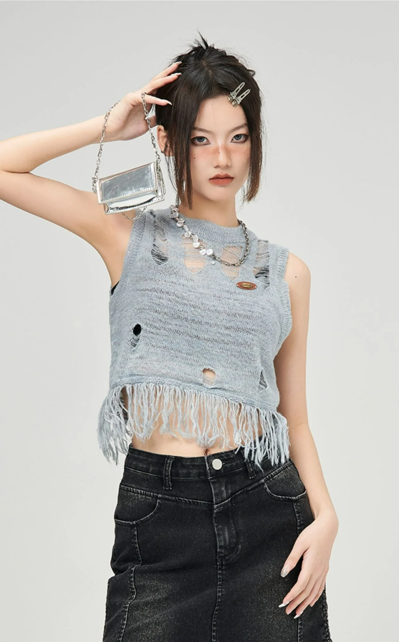 Distressed Tassel Hem Cropped Top - Image 2