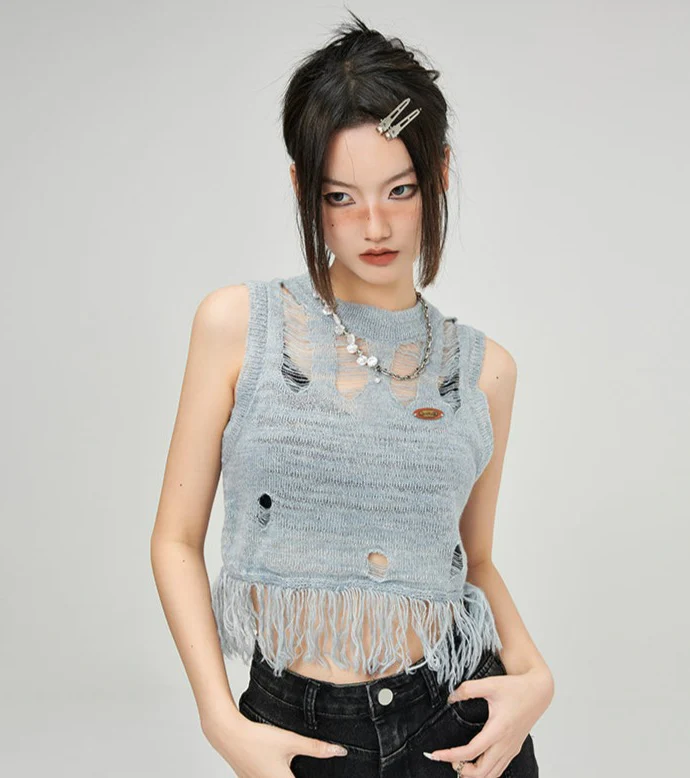Distressed Tassel Hem Cropped Top - Image 3