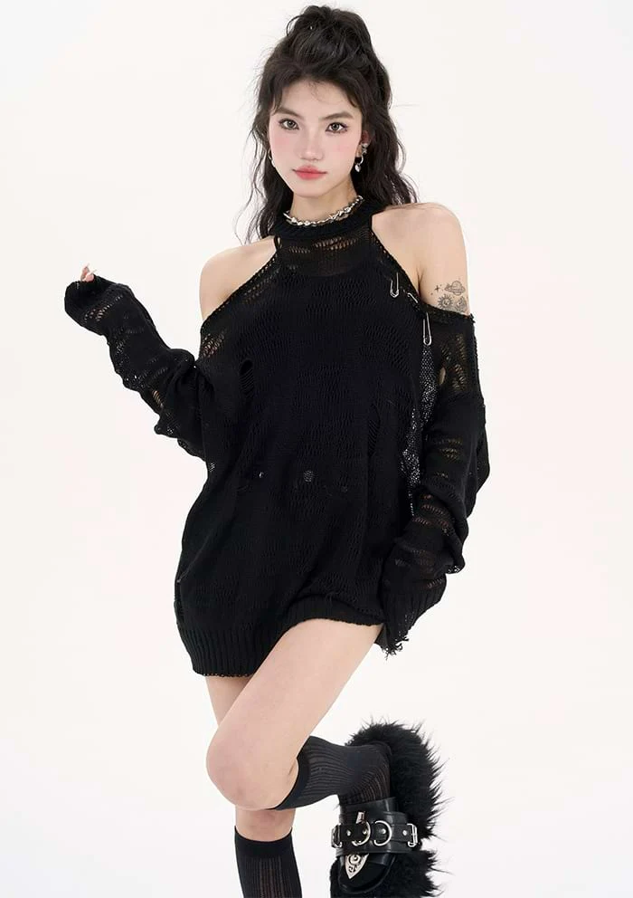 Distressed Translucent Cold Shoulder Long Top - Image 6