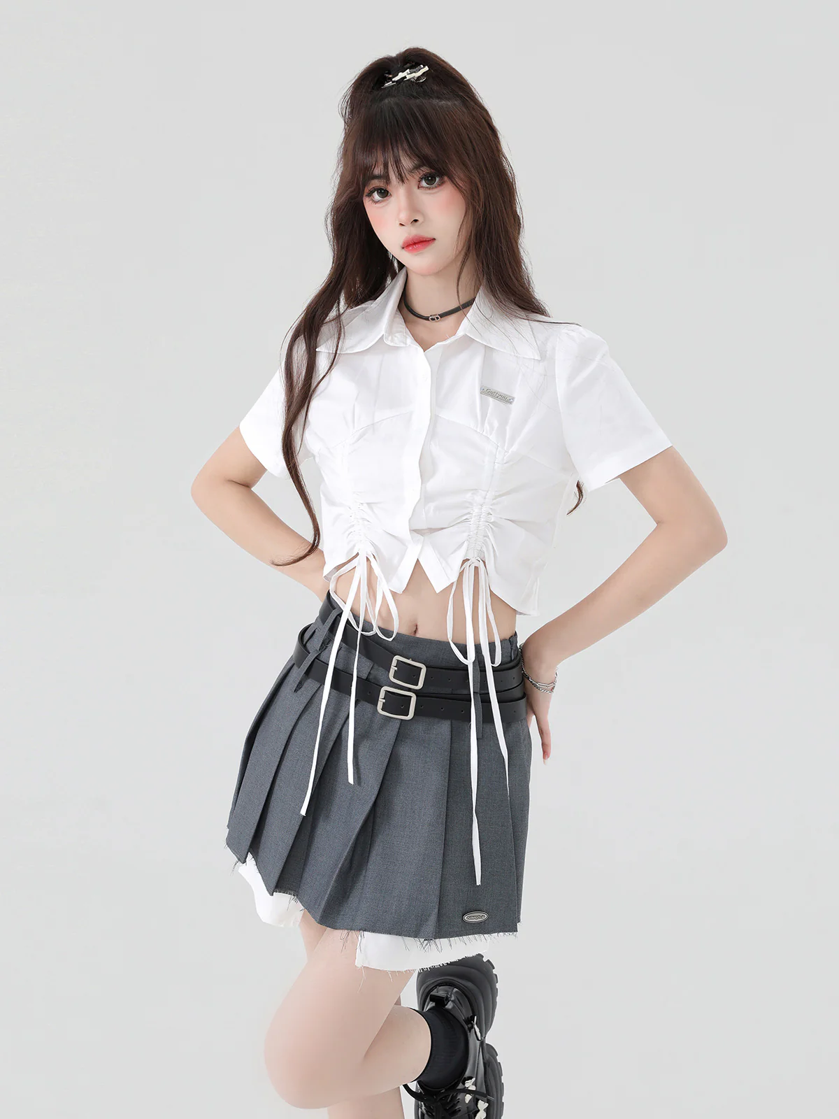 Double Belt Pleated Mini Skirt - Image 2