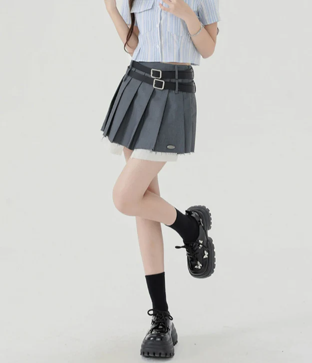 Double Belt Pleated Mini Skirt - Image 6