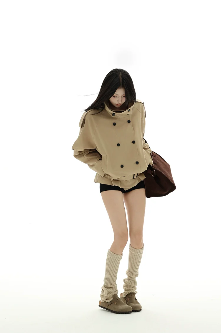 Double-Breasted Belted High Collar Short Trench Jacket - Image 4