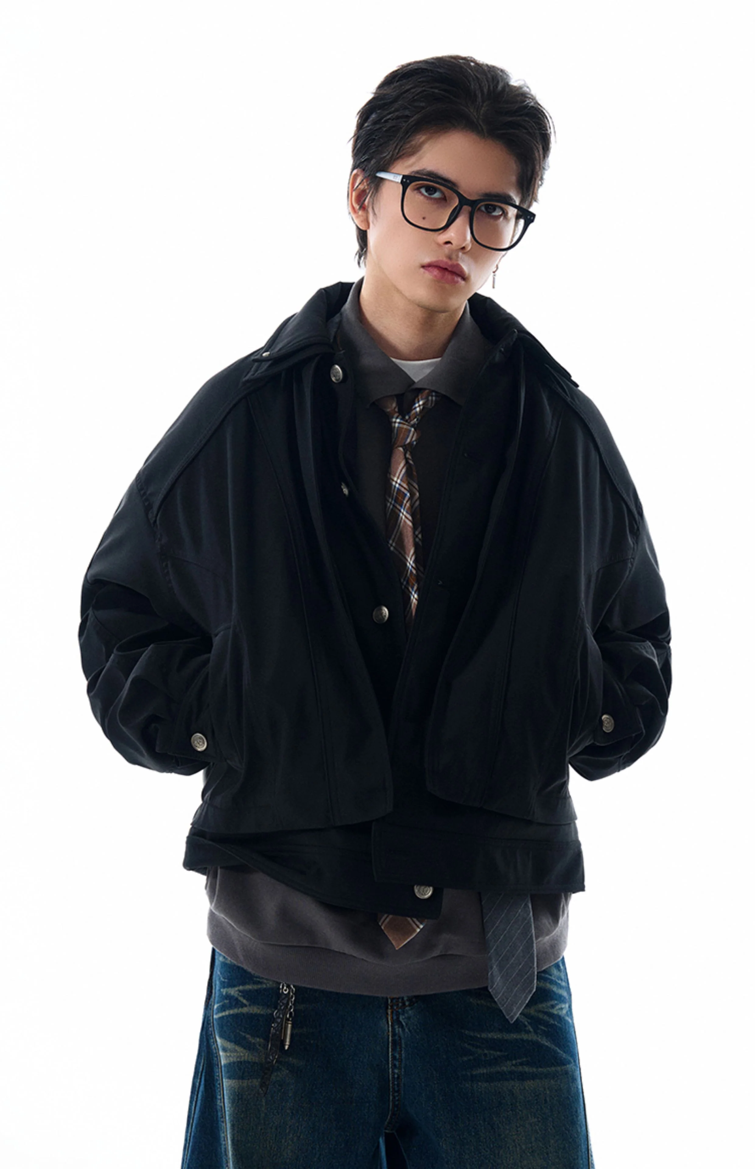 Double-Collar Oversized Button Jacket with Pockets - Image 11