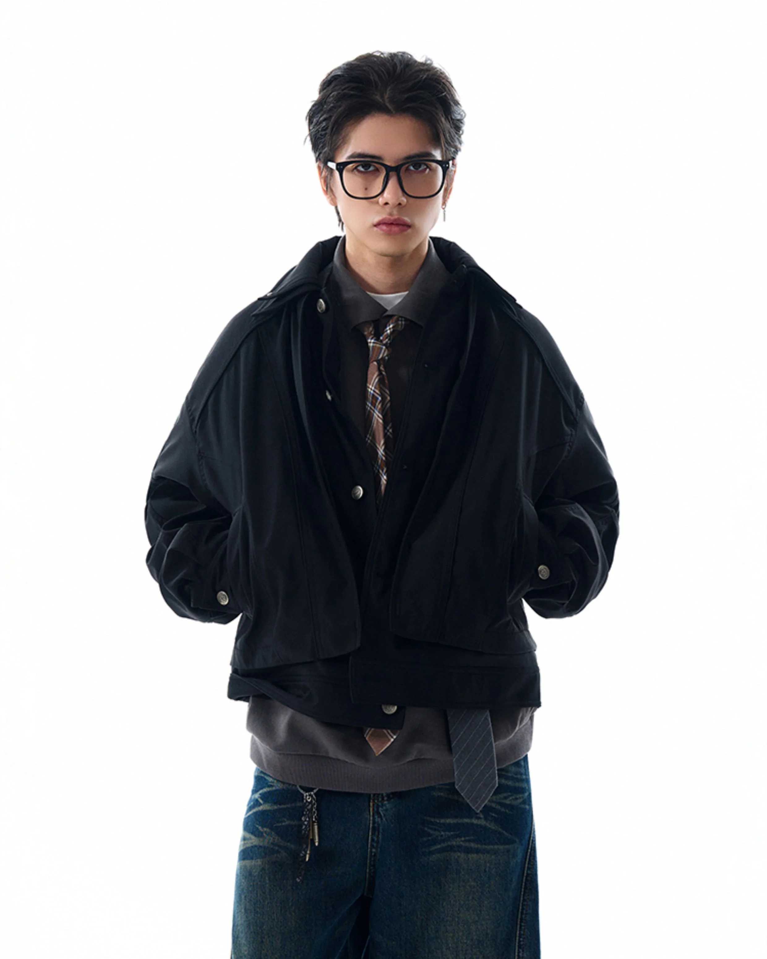 Double-Collar Oversized Button Jacket with Pockets - Image 8