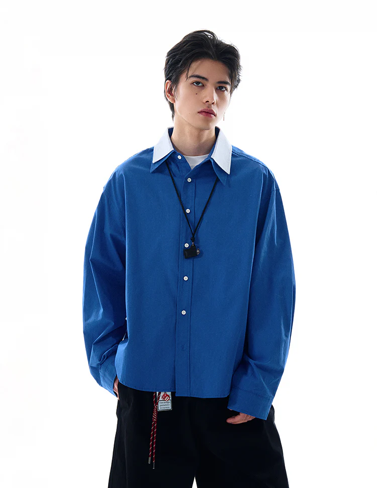 Double Contrast Stripe Collar Long Sleeve Button Shirt - Image 11