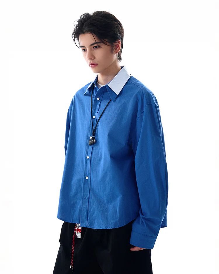 Double Contrast Stripe Collar Long Sleeve Button Shirt - Image 12